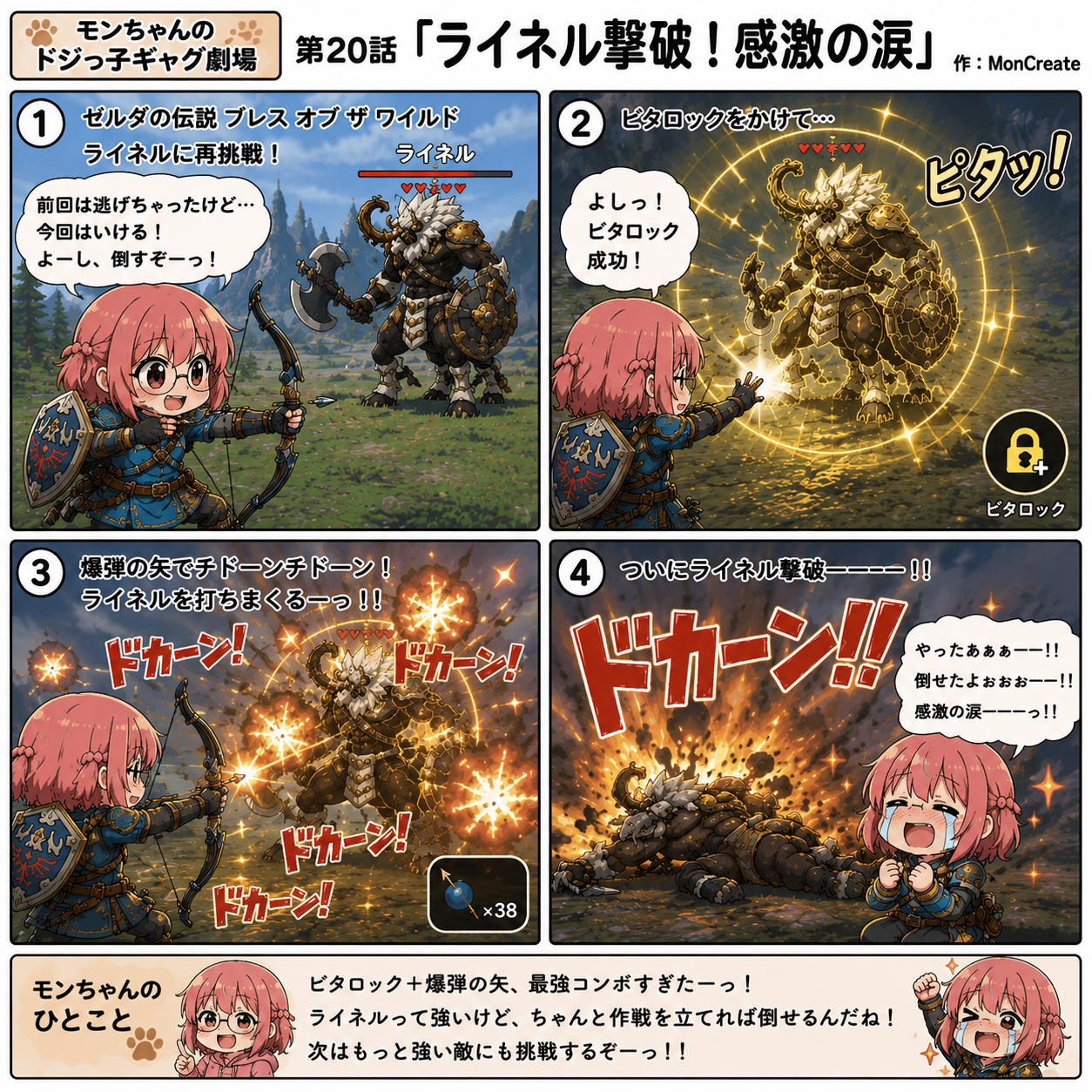 第20話「ライネル撃破！感激の涙」ゼルダの伝説BotWでライネルにピタロック＋爆弾の矢コンボで撃破した実話4コマ漫画